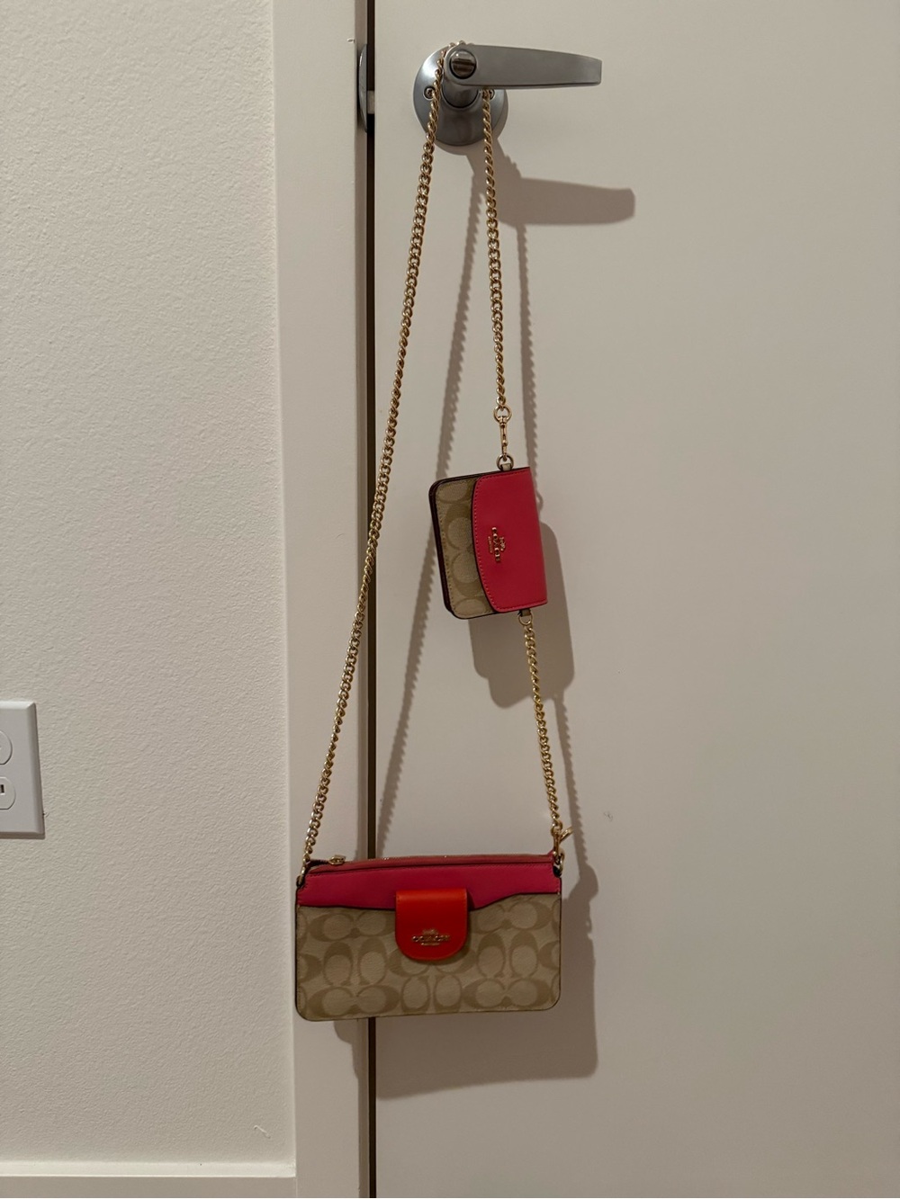 Coach Beige Signature Crossbody with Pink and Red Trim